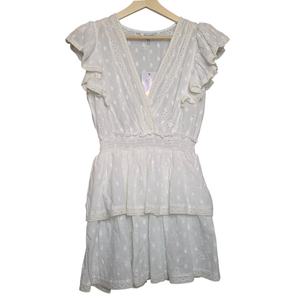 Blue Island White Eyelet Lace Tiered Ruffle Mini Dress Small